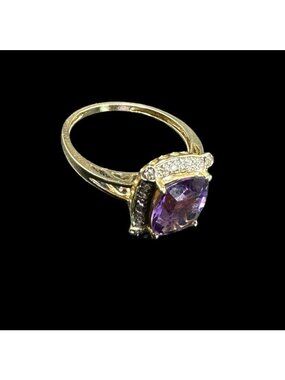 EA 14k Yellow Gold Ring Square Cut Amethyst And Diamond Halo Top Size 10 Signed